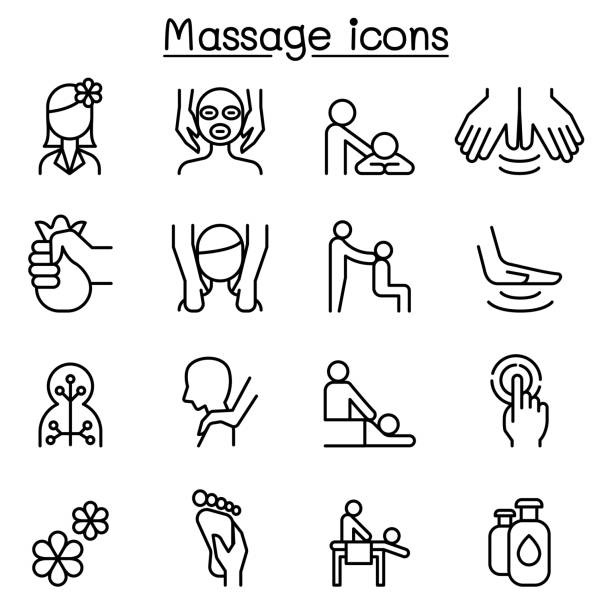bildbanksillustrationer, clip art samt tecknat material och ikoner med massage & spa ikonuppsättning i tunn linjestil - massage