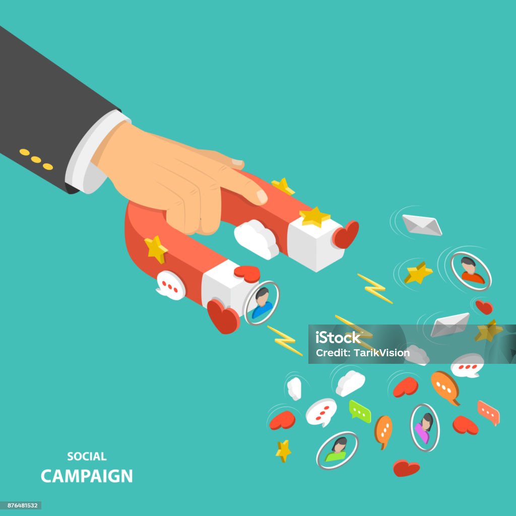 Social campaign flat isometric low poly vector concept Social campaign flat isometric low poly vector concept. Hand is holding a magnet that attracting promotion symbols like hearts, likes, emails stars, text bubbles Hand stock vector