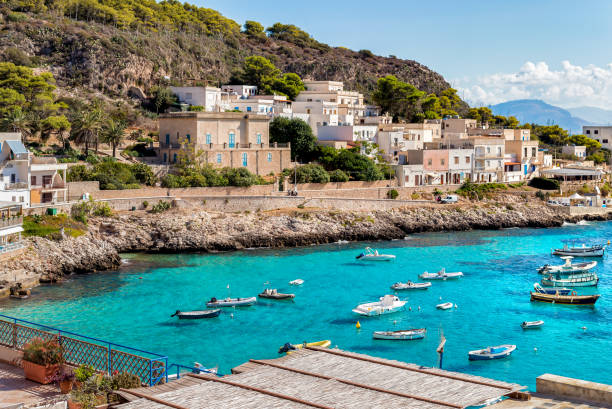 View of Levanzo island in the Mediterranean sea west of Sicily, Italy View of Levanzo island in the Mediterranean sea west of Sicily, Trapani, Italy egadi islands photos stock pictures, royalty-free photos & images
