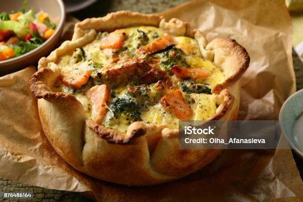 Tasty Quiche Pie With Fish And Vegetables Food Closeup Stock Photo - Download Image Now