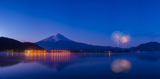 istock Mount fuji at Lake kawaguchiko  twilight   , firework 876487296