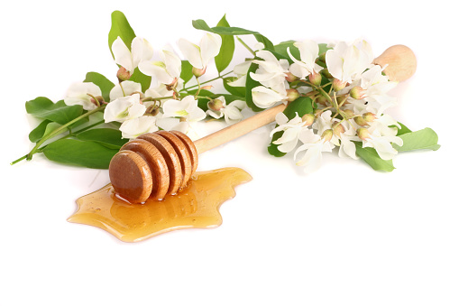 Honey stick with flowing honey and flowers of acacia isolated on white background.