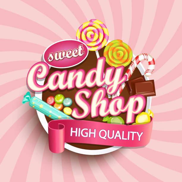 ilustraciones, imágenes clip art, dibujos animados e iconos de stock de caramelo tienda rótulo o emblema. - candy