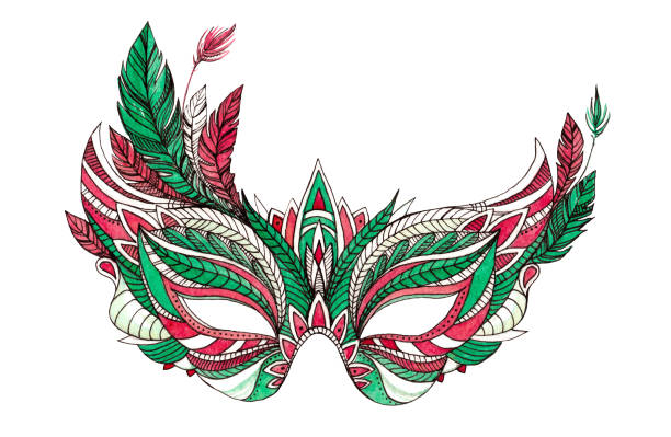 Watercolor festive Christmas carnival mask Beautiful festive Christmas carnival mask with red and green feathers isolated on white background. Watercolor ink illustration. painted masquerade masks stock illustrations