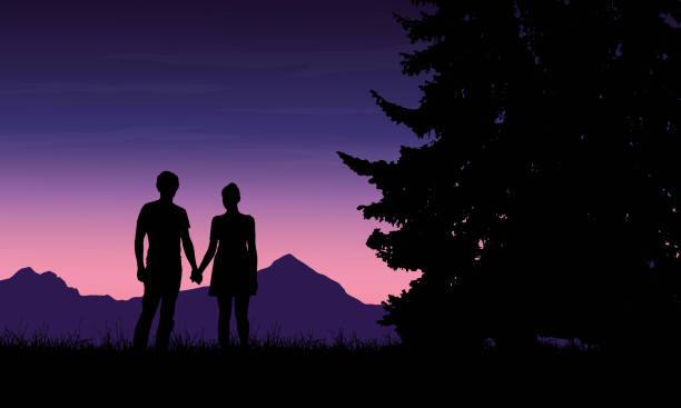 Realistic illustration of a silhouette of a loved man and woman on a romantic stroll through a mountain landscape with trees under a blue sky with dawn - vector Realistic illustration of a silhouette of a loved man and woman on a romantic stroll through a mountain landscape with trees under a blue sky with dawn - vector girl silouette forest illustration stock illustrations