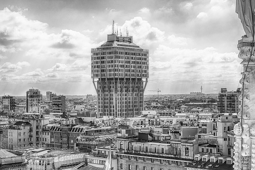 Velasca Tower, iconic skyscraper in Milan city centre, as seen from the roof of Milan Cathedral, Italy