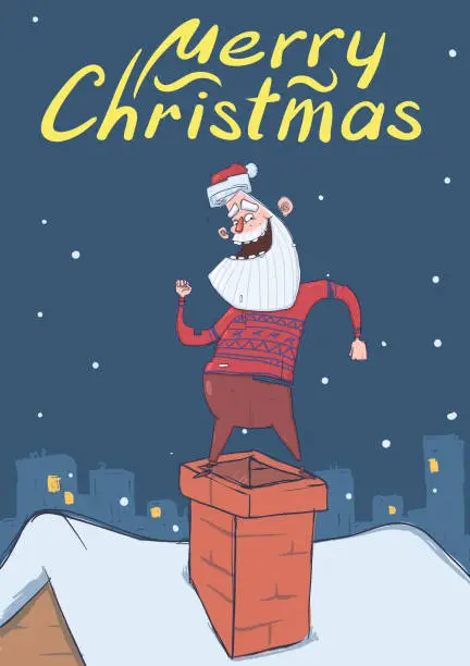 Vector illustration of Christmas card with funny Santa Claus smiling and dancing on a chimney on snowy night city background. Santa in deer sweater . Vertical vector illustration. Cartoon character. Lettering. Copy space.