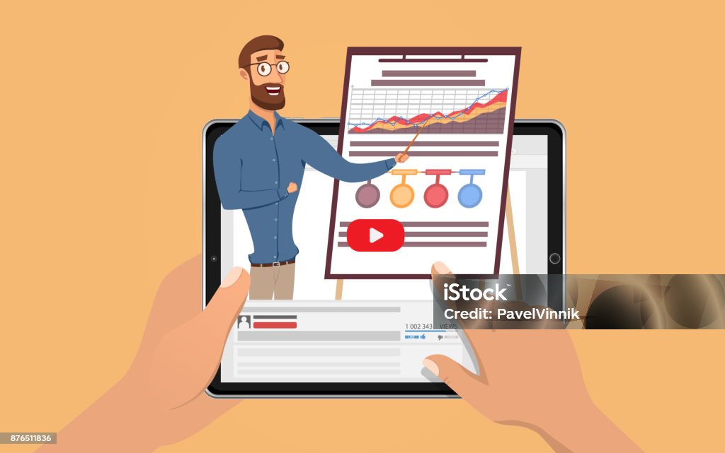 Hands holding tablet with hansome influencer business man. E Learning by the webinar training. Online education at Video blog concept. Vector Illustration Internet stock vector