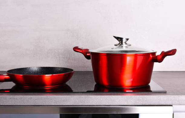 istock Frying pan and steel pot on modern induction cooktop 876512732
