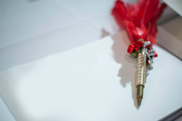 Blank guest book in wedding party and pen decorated with feather.