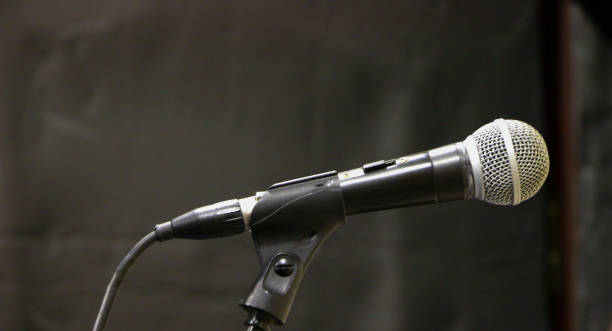 istock Microphone isolated on Abstract blurred on black leather background 876522634