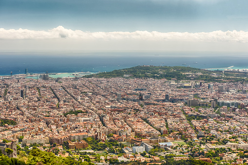 Scenic aerial view from Tibidabo mountain over the city of Barcelona, Catalonia, Spain