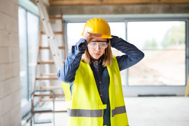 istock Young woman worker on the construction site. 876534824