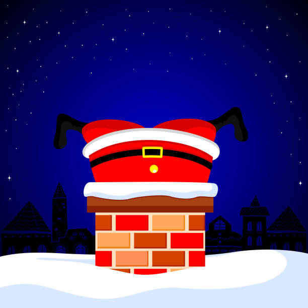 istock Santa Claus stuck in the chimney on snow roof. 876535048