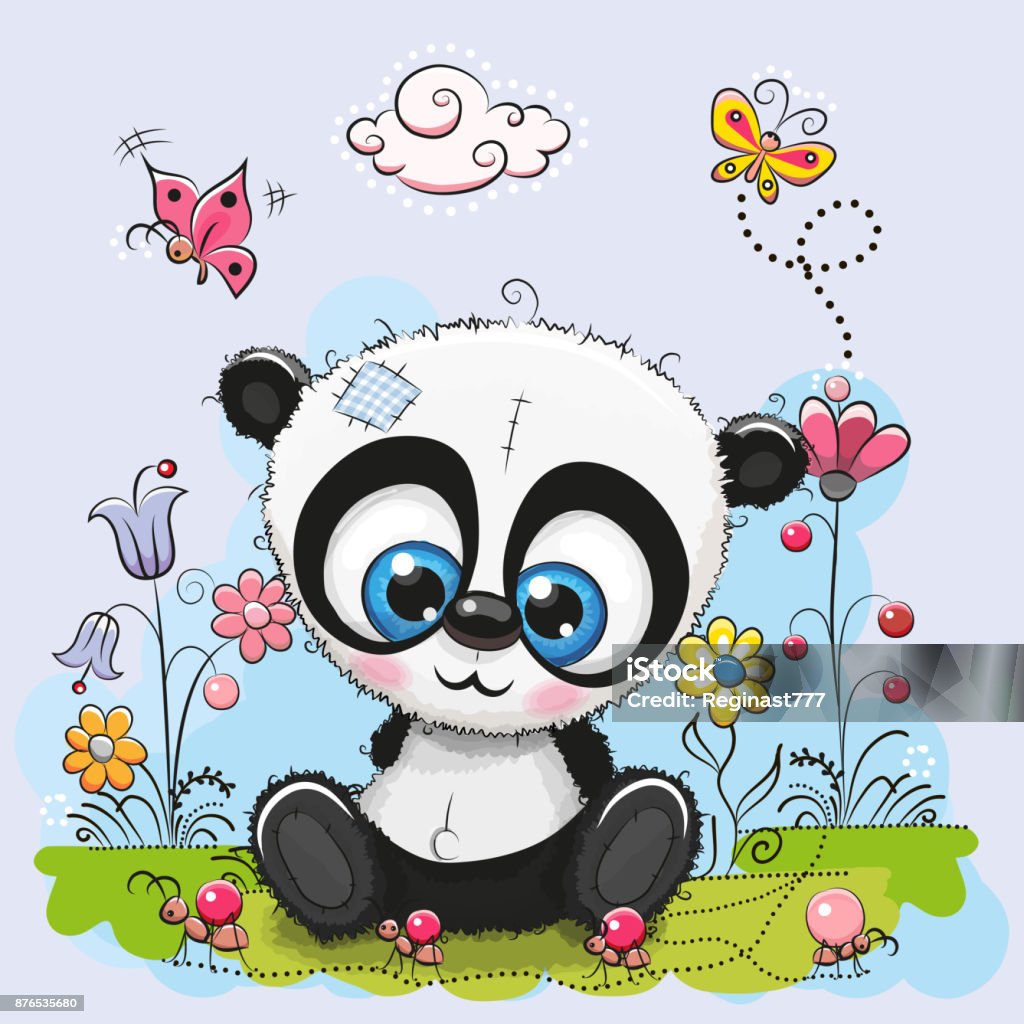 Ilustración de Panda De Dibujos Animados Lindo Con Flores Y Mariposas y más  Vectores Libres de Derechos de Alegre - iStock