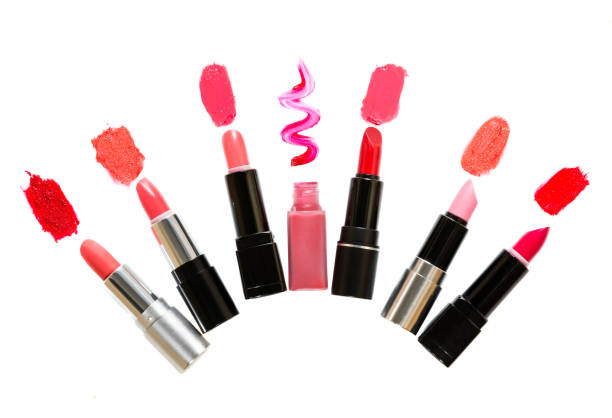 istock Six lipsticks in stickers and one in a tube with samples on a white background 876538466