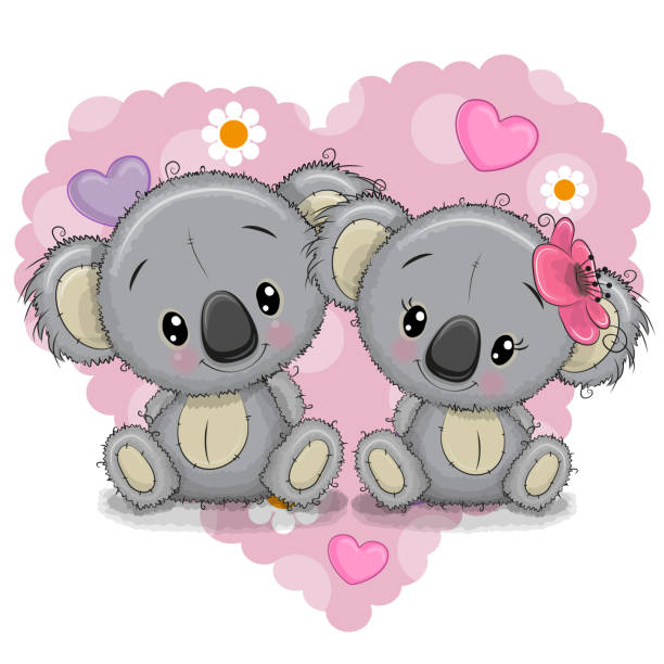 два мультфильма коалы на фоне сердца - koala animal love cute stock illustrations