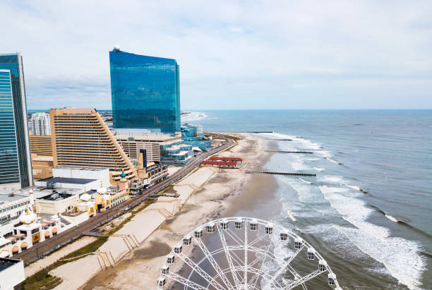 Atlantic city waterline aerial view. AC is a tourist city in New Jersey famous for its casinos, boardwalks, and beaches