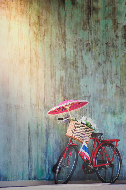 istock The red bicycle and blue green grunge cement wall 876539058