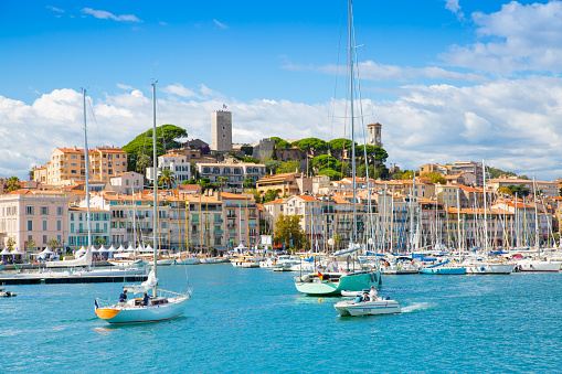 Cannes, France - September 18, 2016:  Le Vieux Port of Cannes, France.  Cannes yachting festival with lots of sailing boats and yachts in sunny day.