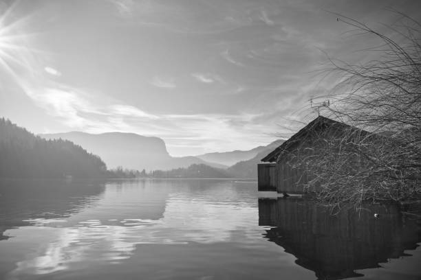 besichtigung der wunderschönen landschaftsblick auf hölzernen bootshaus see inmitten der julischen alpen mit reflexion über wasser und nackten baum in schwarz / weiß, bled, slowenien - julian alps mountain lake reflection stock-fotos und bilder