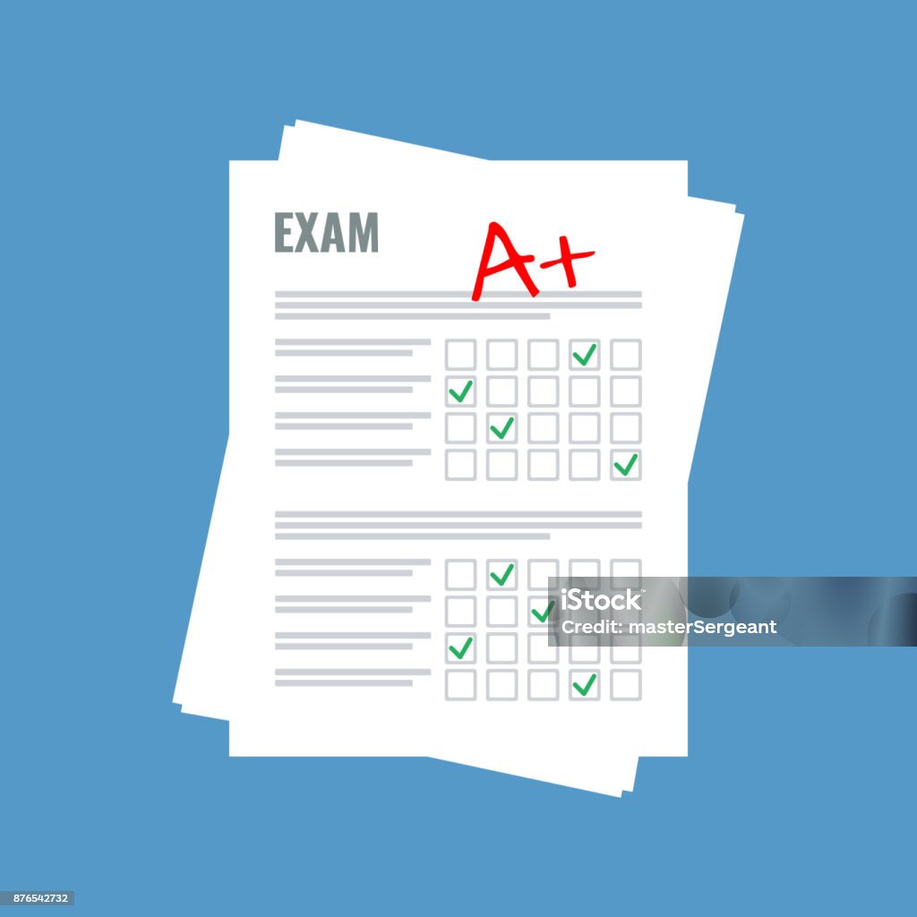 exam sheet with A plus grade, flat design Educational Exam stock vector