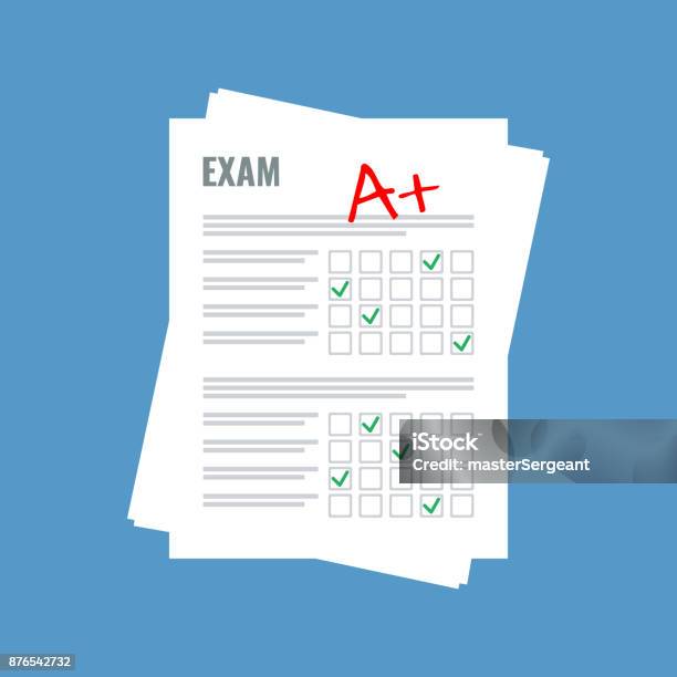 Exam Sheet With A Plus Grade Flat Design Stock Illustration - Download Image Now - Educational Exam, Medical Exam, Medical Test
