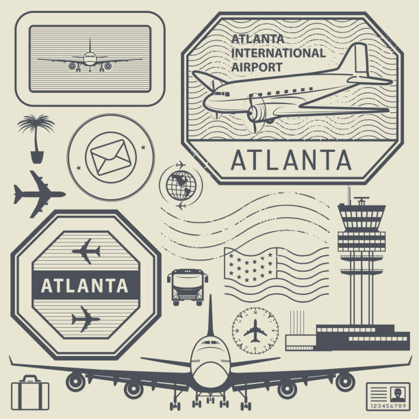 Retro postage USA airport stamps - Atlanta Retro postage USA airport stamps set Atlanta theme, vector illustration airplane silhouette commercial airplane shipping stock illustrations