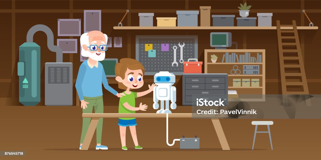 Little boy with his grandfather create new plastic block robot at garage workshop. Family together engineering smart technology toy. Vector illustration Grandfather stock vector