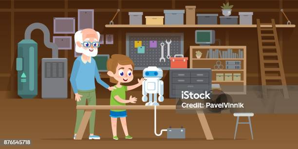 Little Boy With His Grandfather Create New Plastic Block Robot At Garage Workshop Family Together Engineering Smart Technology Toy Vector Illustration Stock Illustration - Download Image Now