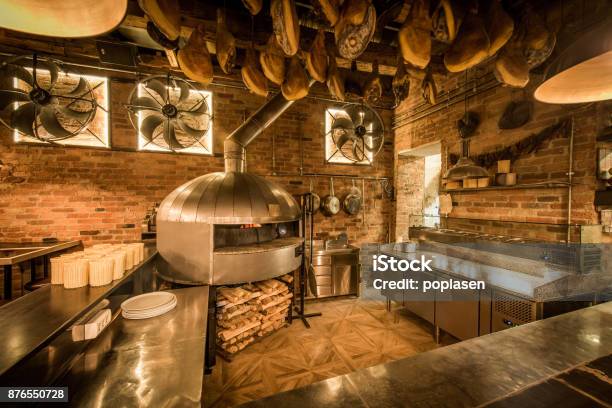 Pizza Oven In Open Kitchen Italian Restaurant Stock Photo - Download Image Now - Kitchen, Pizza, Italy