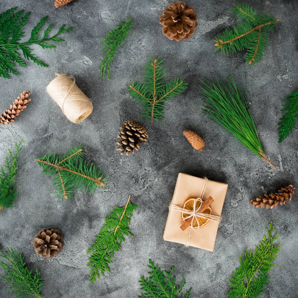 istock Christmas gift with twine, winter plants and cones on dark background. New year composition. Flat lay. Top view 876551150