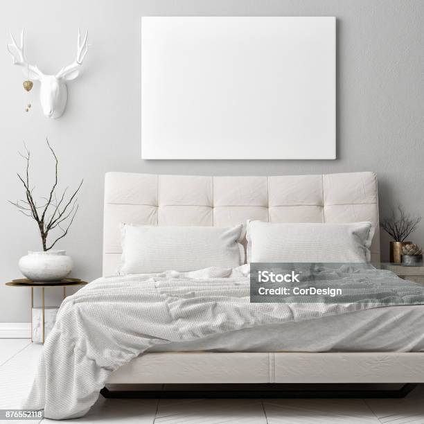 Mock Up Poster In Hipster Bad Room Deer Horns Decoration On The Wall Stock Photo - Download Image Now
