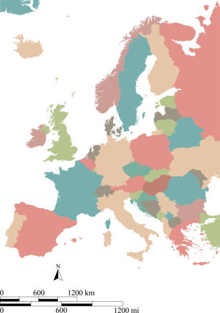 유럽 벡터 개요 그림의 화려한 지도입니다. 유럽 지도 규모 작성법 유럽 지도 마일과 킬로미터의 비늘 - scotland cyprus stock illustrations