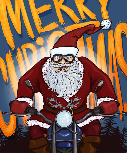 istock Vector Cartoon Christmas Postcard - Santa Claus on Motorcycle 876561212