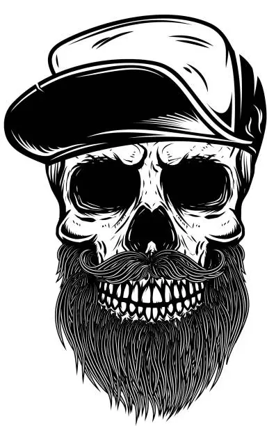 Vector illustration of Bearded skull in baseball cap. Design element for t shirt, poster, emblem, sign. Vector illustration