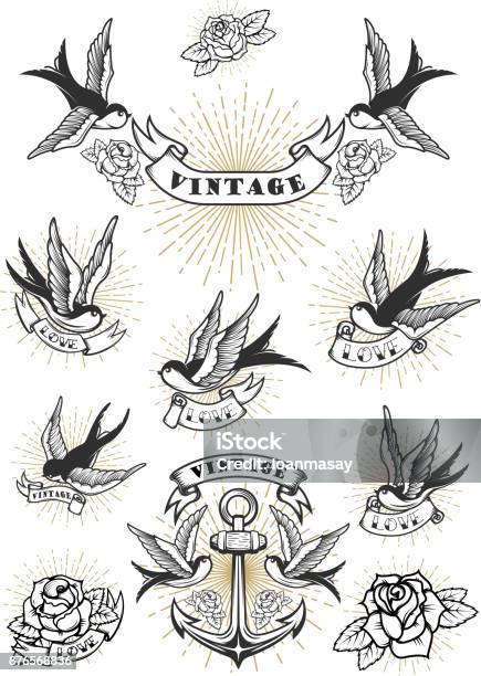 Set Of Swallow Tattoo Vintage Anchor And Roses Design Element For Label Emblem Sign Vector Illustration Stock Illustration - Download Image Now