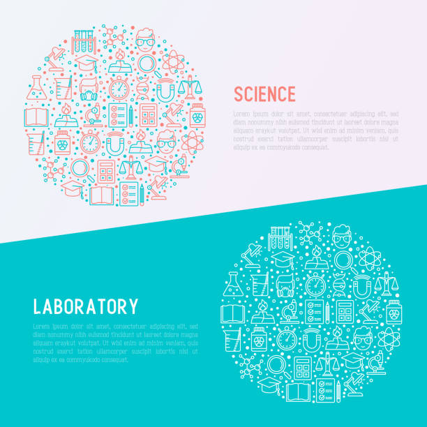 koncepcja naukowa i laboratoryjna w kręgu z cienką linią ikon naukowca, dna, mikroskopu, łusek, magnesu, respiratora, lampy spirytusowej. ilustracja wektorowa baneru, strony internetowej, nośników drukowanych. - beaker laboratory weight scale physics stock illustrations