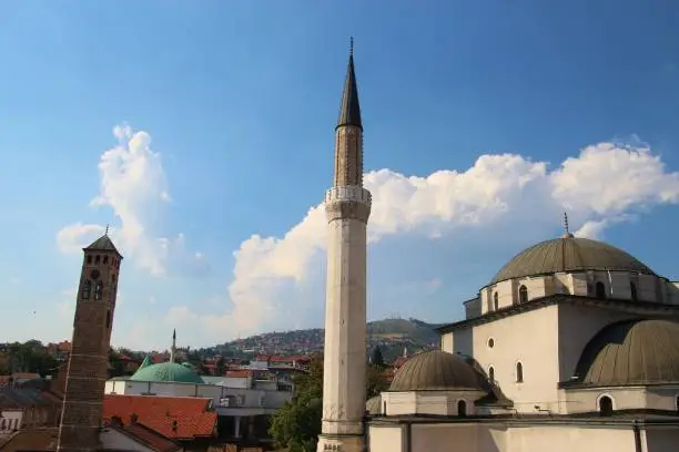 Gazi Husrev-beg mosque and bell tower in the old town of Sarajevo, Bosnia and Herzegovina, South-Eastern Europe.