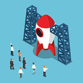istock Isometric businessman looking at space shuttle. 876579402