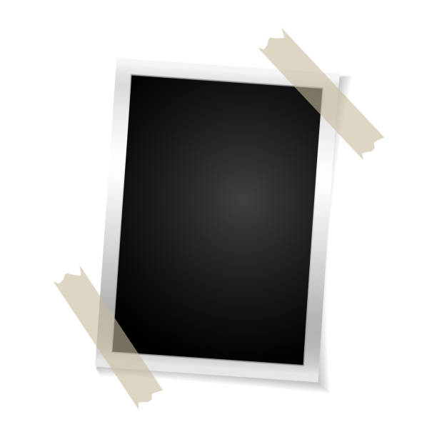 istock Frame retro photo on white background. Vintage vertical blank old photography on sticky tape. Vector illustration 876579526
