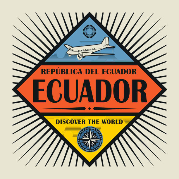 Vintage emblem, text Ecuador, Discover the World Stamp or vintage emblem with airplane, compass and text Ecuador, Discover the World, vector illustration ecuador stock illustrations