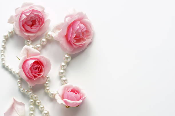 istock pink roses and beads on a white background.Top view. Copy space 876580556