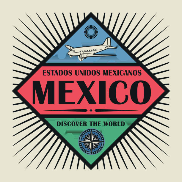 Stamp or vintage emblem with airplane, compass and text Mexico, Discover the World, vector illustration