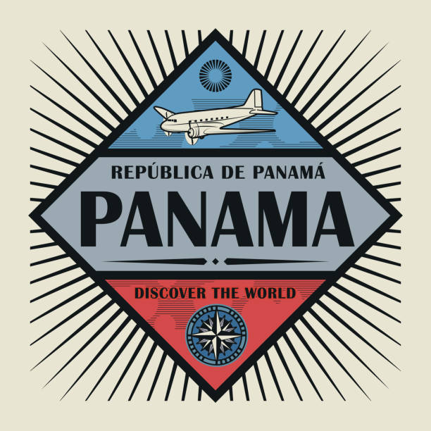 Stamp or vintage emblem with airplane, compass and text Panama, Discover the World, vector illustration