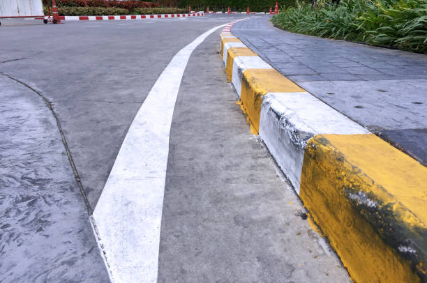istock Curved Walkway with Yellow and White Stripes 876589964