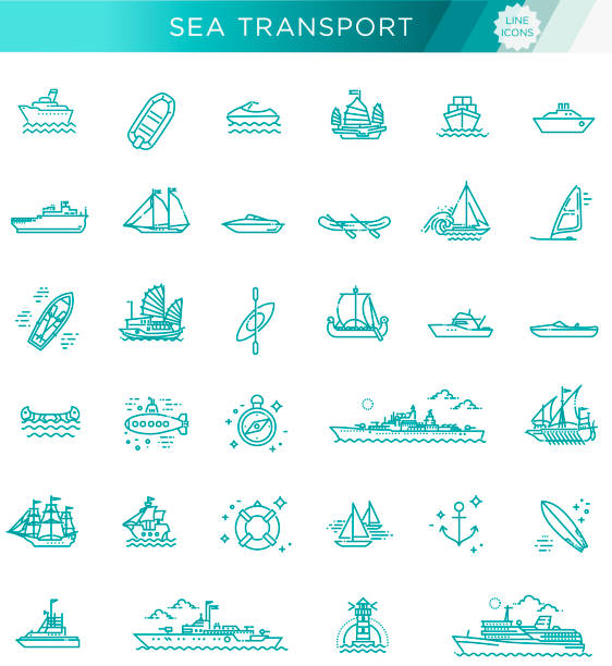 배와 보트의 벡터 라인 세트 - sailing motorboating speedboat racing nautical vessel stock illustrations