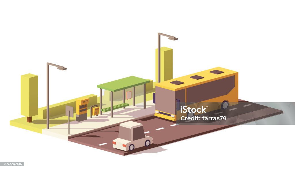 Vector low poly bus and the bus stop Vector low poly bus on the bus stop with ticket machine and litter bin Bus stock vector
