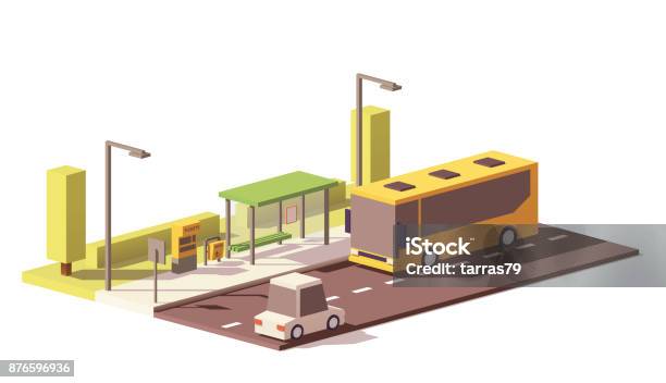 Vector Low Poly Bus And The Bus Stop Stock Illustration - Download Image Now - Bus, Public Transportation, Three Dimensional
