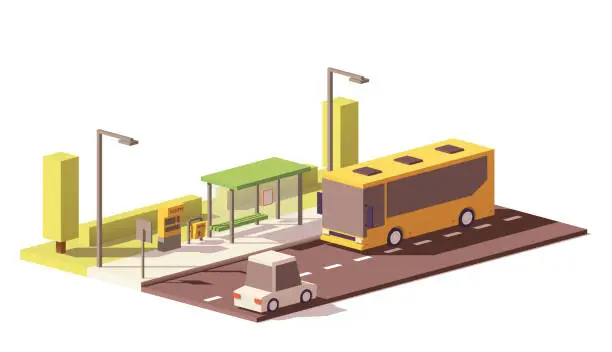 Vector illustration of Vector low poly bus and the bus stop